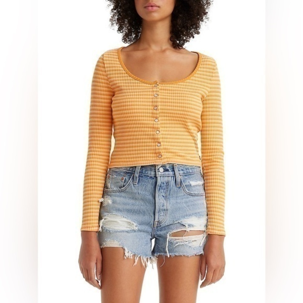 3/$30 _ LEVI’S | Britt Snap-Front Stripe Top orange yellow long sleeve 1XL